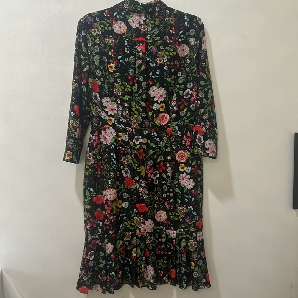 ADRIANNA PALLEL DRESS WOMEN SIZE 9 BLACK FLORAL PEPLUM HEM - Picture 2 of 14
